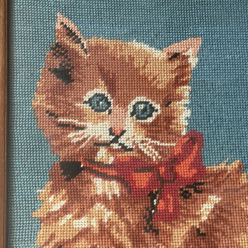 Vintage Handmade Needlepoint Embroidery Framed Cat with Bow used