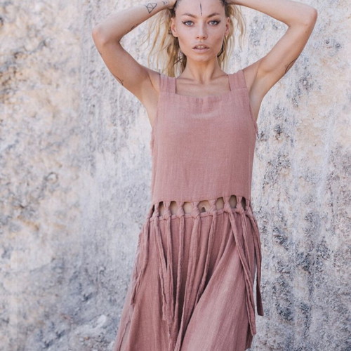Long linen dress like new by local designer, size XS-S, brown and pink