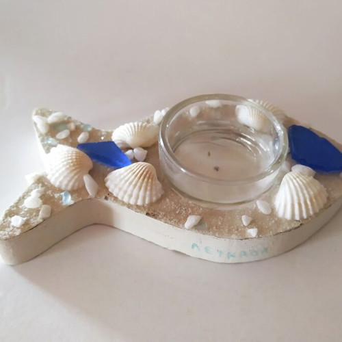 Wooden tealight holder used, fish-shaped, Lefkada souvenir
