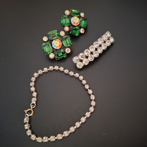 80s jewelry used, brooch, bracelet and earrings with zircon