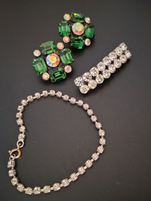 80s jewelry used, brooch, bracelet and earrings with zircon
