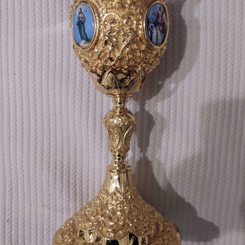 Large gilded chalice like new with enamel and carved decoration