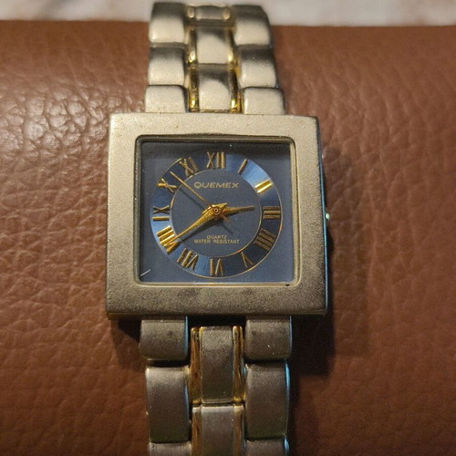 Quemex Japan Quartz Square Watch with Blue Dial and Two-Tone Bracelet