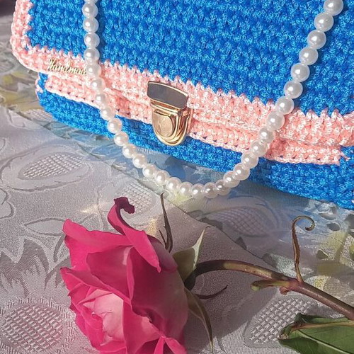 Handmade knitted women's bag blue and pink with pearl chain and metal clasp new