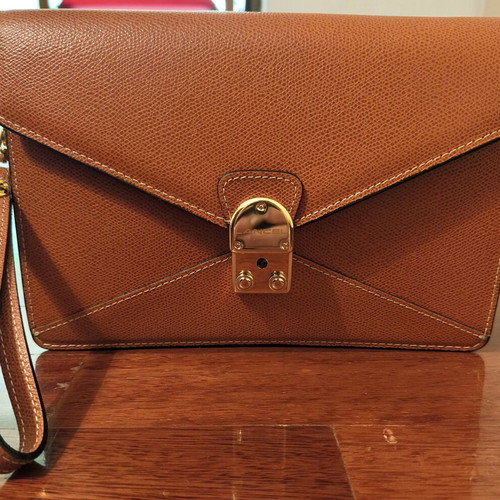 Vintage Lancel leather clutch bag new, beige caramel color