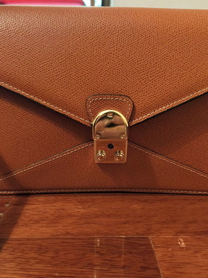 Vintage Lancel leather clutch bag new, beige caramel color