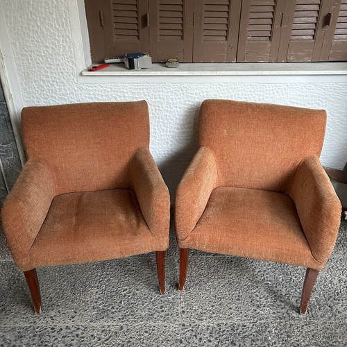 Armchair set vintage used, terracotta color, wooden legs