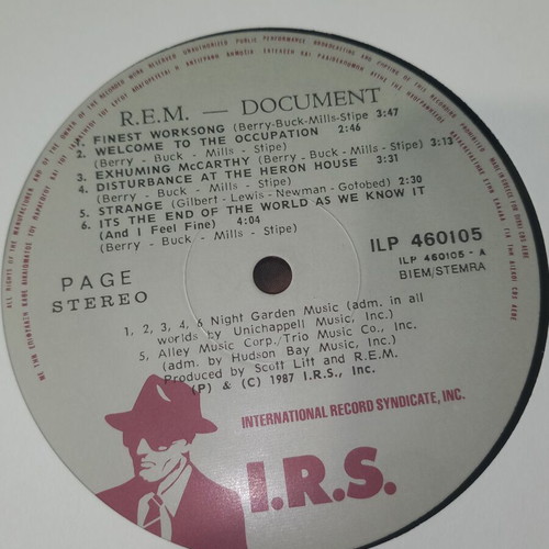 REM Document no5 vinyl used, Greek edition 1987, rock