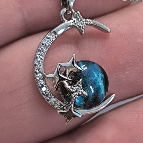 Moon and Stars Necklace with Blue Galaxy Stone, new, silver color