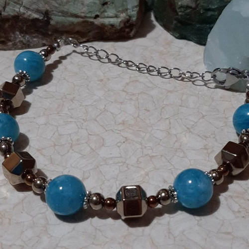 Larimar bracelet dark blue with hematite in 18k gold plated surgical steel, new