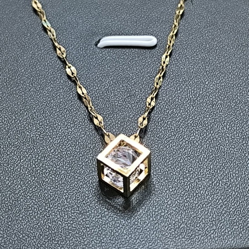 Gold Color Necklace with Geometric Cube Pendant and White Zircon Stone