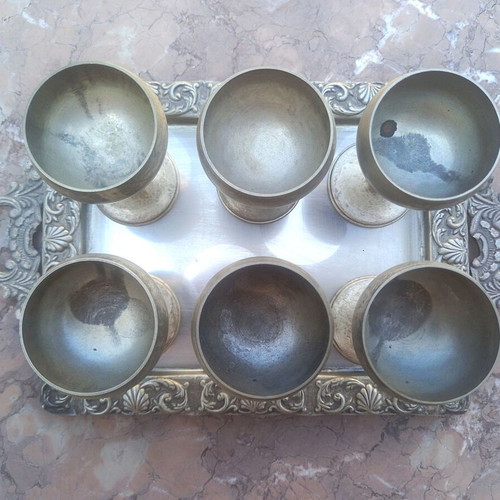 Silver-plated liqueur set used, 7 pieces vintage antique