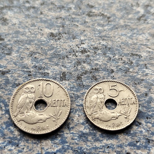 10 Lepta and 5 Lepta Coins 1912 used, nickel, George I era