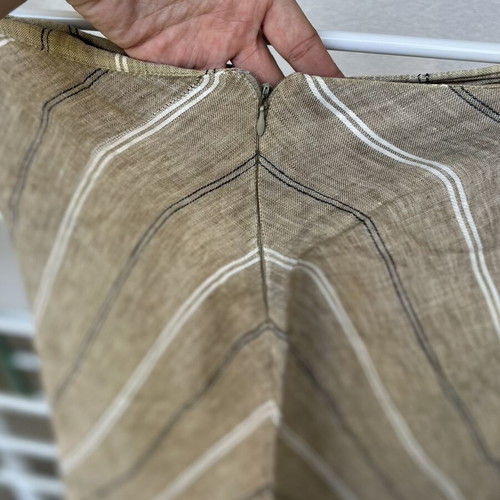 Knee-length skirt, linen fabric, beige, zipper back, size M