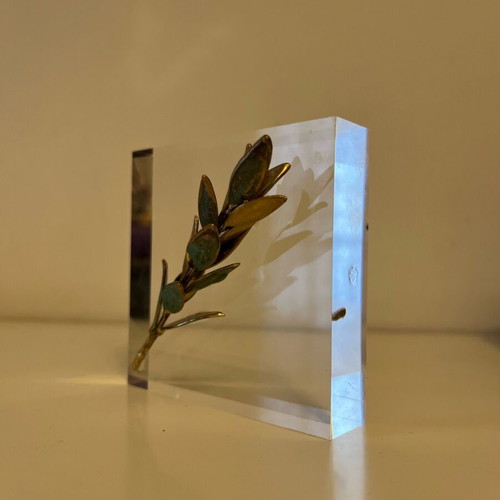 Press Papier Plexi-glass olive wreath brass and oxidation 8x8x2 cm new