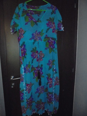 Boho style long beach kaftani turquoise with flowers new