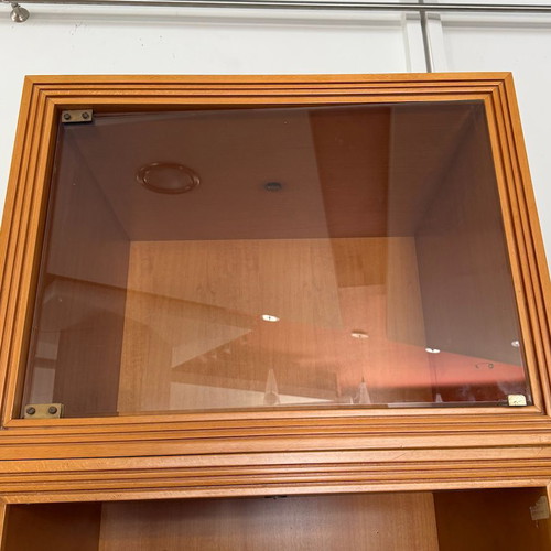 Wooden wall showcase with glass door used, vintage style