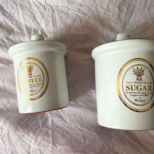 Vintage ceramic coffee and sugar containers set used, made in Portugal