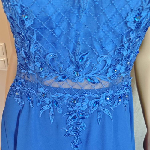 Long blue evening dress with embroidered lace bust and V back