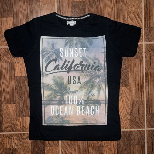 T-shirt Sunset California USA Ocean Beach used, size Small, black
