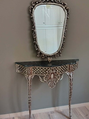 Antique bronze wall mirror set with marble entry console