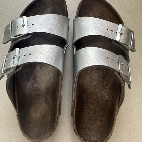 Birkenstock silver leather slippers, size 38