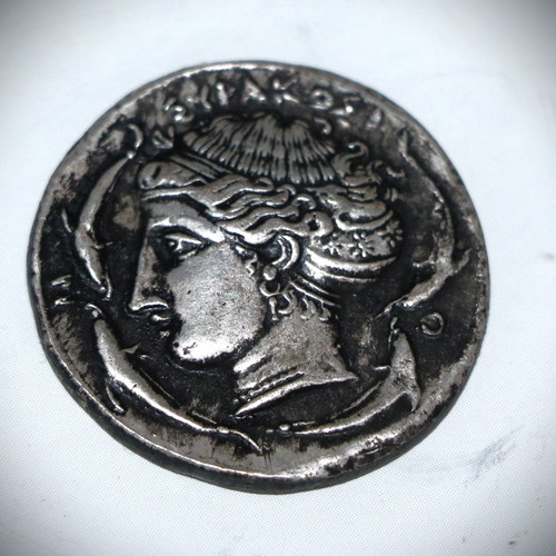 Ancient silver-plated coin pendant - replica - Arethusa, glass case necklace pendant 22K gold-plated