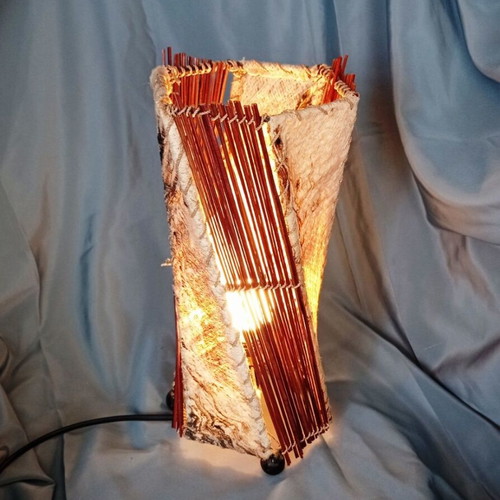 Handmade rustic table lamp with birch bark and wooden rods, used, 32 cm