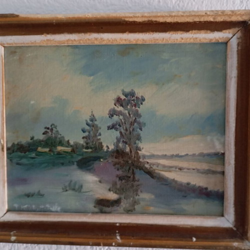 Retro landscape oil painting used, impressionist style with river and trees