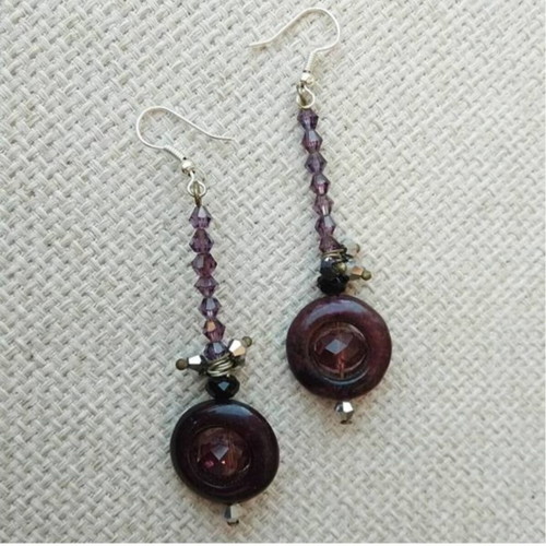 Earrings handmade with purple crystals and semi-precious stone