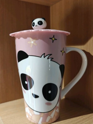 Pink mug with panda and silicone lid new