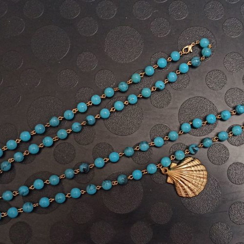 Long summer pendant necklace with blue beads, shell and coral