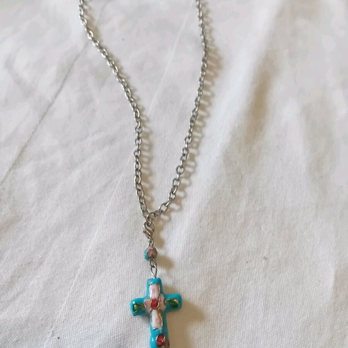 Cross on metal chain like new, turquoise and silver
