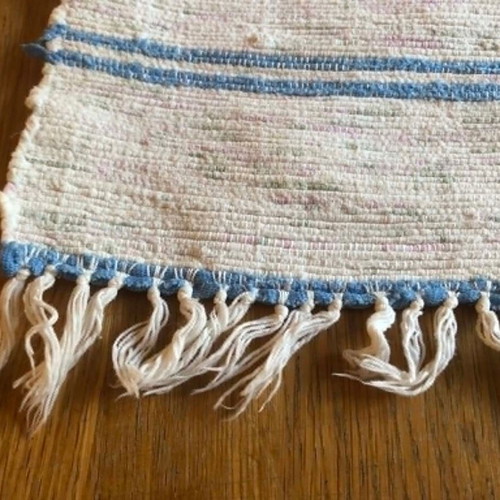 Two vintage handwoven rag rugs used, pack of 2, white with blue and beige