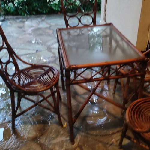 Bamboo furniture set with round and rectangular glass tables and 6 chairs