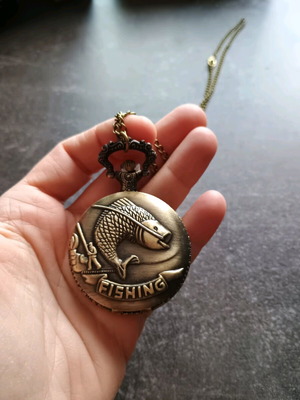 Vintage Copper Pocket Watch with Arabic Numbers and Fishing Theme new