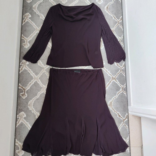 Two-piece set like new, purple with draped blouse and airy skirt