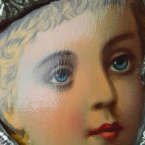 Virgin Mary with Christ Child religious icon with embossed metal riza, early 20th century