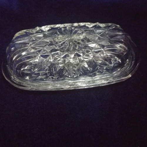 Butter dish oval shape new, glass with pattern