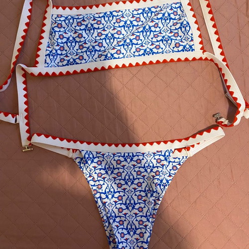 Bikini swimsuit with blue and red pattern