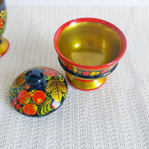 Vintage Russian Khokhloma wooden set like new, bowl and lidded box