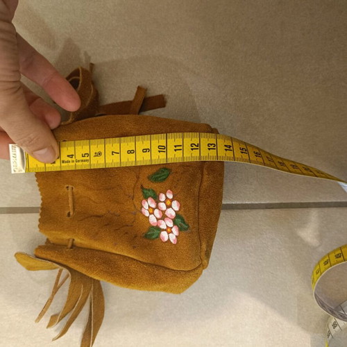 Small suede leather pouch brown used with handmade painting