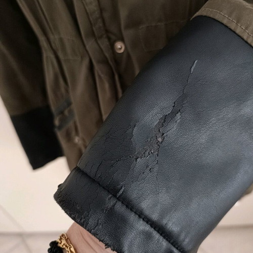 Stradivarius Parka jacket used khaki with fur hood and leather details