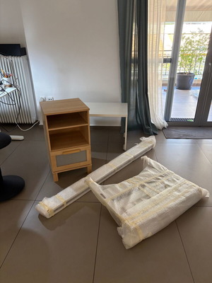 IKEA children's bedroom set used with bed, nightstand, table, stool