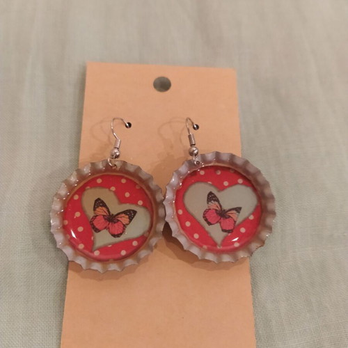 Earrings new red and white polka dot with heart and butterfly