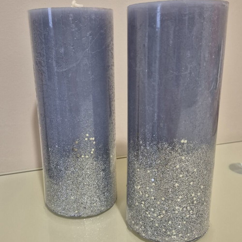 Decorative candle set 2 gray-blue with silver glitter, new