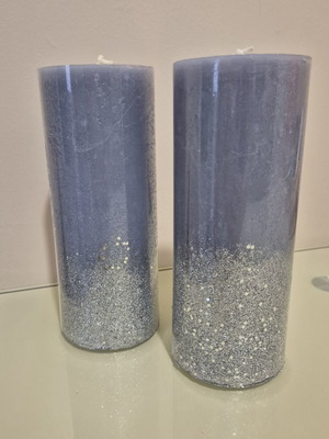 Decorative candle set 2 gray-blue with silver glitter, new