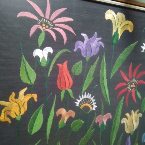 Embroidery textile painting new, handmade 1981 framed artwork
