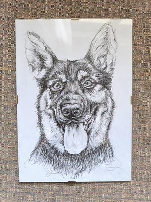 Handmade German Shepherd Drawing in Clip Frame, New
