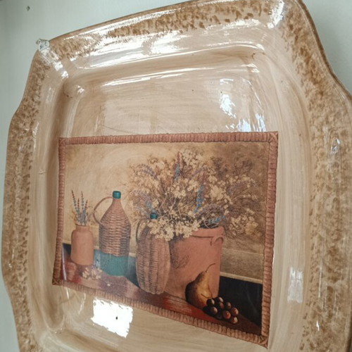 Porcelain serving platter with decoupage and enamel finish